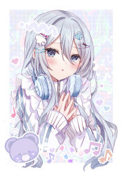 Rule 34 | 1girl, absurdres, apron, beamed eighth notes, blue eyes, blush, commentary, eighth note, grey hair, hair ornament, hairclip, headphones, headphones around neck, highres, jacket, jersey maid, long hair, long sleeves, maid, musical note, open mouth, own hands together, project sekai, purple nails, shafu! (404not found), solo, track jacket, unconventional maid, white apron, wing hair ornament, yoisaki kanade