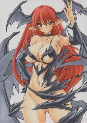 Rule 34 | 1girl, bat wings, blush, breasts, choker, cleavage, curvy, female focus, hand on own hip, koakuma, large breasts, long hair, marker (medium), navel, pointy ears, red eyes, red hair, simple background, smile, solo, touhou, traditional media, uneven eyes, white background, wide hips, wings, yutakasan-love