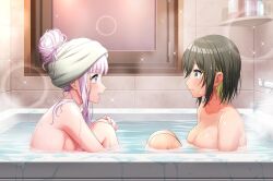 Rule 34 | 2girls, akashi maho, bath, bathing, bathroom, bathtub, blue eyes, blush, breasts, d4dj, floating breasts, hair up, indoors, izumo saki, large breasts, looking at another, medium breasts, multiple girls, nude, official art, open mouth, partially submerged, purple eyes, short hair, smile, sparkle, towel, towel on head, water, wet
