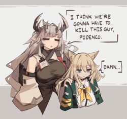 Rule 34 | 2girls, absurdres, animal ears, arknights, blonde hair, breasts, closed eyes, cropped torso, demon horns, dog ears, dog girl, english text, green eyes, green jacket, grey hair, hair between eyes, hand on another&#039;s shoulder, highres, horns, i think we&#039;re gonna have to kill this guy steven (meme), id card, jacket, large breasts, long hair, matoimaru (arknights), meme, multiple girls, open clothes, open jacket, open mouth, podenco (arknights), pointy ears, simple background, togekk0, upper body, white background