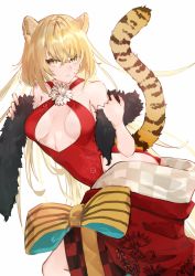 Rule 34 | 1girl, animal ears, blonde hair, bow, chinese zodiac, cleavage cutout, closed mouth, clothing cutout, dress, feather boa, highres, japanese clothes, kimono, large bow, leotard, looking at viewer, medium hair, neko (ganecooo), original, red dress, red kimono, red leotard, smile, solo, tail, tiger ears, tiger tail, year of the tiger, yellow bow, yellow eyes