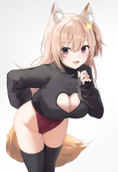Rule 34 | 1girl, :3, :d, animal ear fluff, animal ears, annytf, arm behind back, bent over, black shirt, black thighhighs, blonde hair, breasts, brown eyes, cleavage, cleavage cutout, clothing cutout, covered navel, crop top, fox ears, fox girl, fox tail, groin, hair ornament, heart cutout, highleg, highleg leotard, highres, indie virtual youtuber, large breasts, leaning forward, leotard, long hair, long sleeves, looking at viewer, one side up, open mouth, red leotard, shirt, smile, solo, standing, star (symbol), star hair ornament, tail, thighhighs, thighs, virtual youtuber, yon (letter)