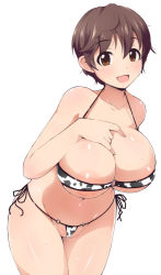 Rule 34 | 10s, 1girl, animal print, areola slip, bare shoulders, blush, breasts, brown eyes, brown hair, cleavage, cow print, idolmaster, idolmaster cinderella girls, large breasts, leaning forward, lillithlauda, looking at viewer, navel, oikawa shizuku, open mouth, shiny skin, short hair, simple background, smile, solo, sweat, thighs, white background