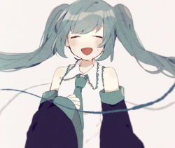 Rule 34 | 1girl, arm at side, bare shoulders, blue hair, blue necktie, blurry, blush, closed eyes, crying, depth of field, detached sleeves, flat chest, grey background, hand on own chest, happy, happy tears, hatsune miku, long hair, necktie, open mouth, ponponzutea, shaded face, shirt, simple background, sleeveless, sleeveless shirt, solo, string, tears, twintails, upper body, very long hair, vocaloid, white shirt