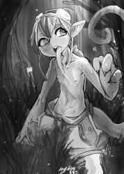 Rule 34 | 1boy, absurdres, greyscale, highres, long tongue, male focus, monochrome, monster boy, my700, nature, open mouth, original, outdoors, ringed eyes, topless male, signature, solo, tail, tongue