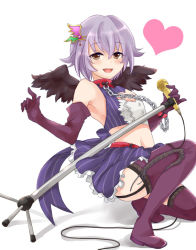 Rule 34 | 10s, 1girl, :d, bare shoulders, blush, boots, brown eyes, chain, cleavage cutout, clothing cutout, collar, cuffs, elbow gloves, garter straps, gloves, grey hair, hair ornament, hairclip, heart, heart cutout, idolmaster, idolmaster cinderella girls, koshimizu sachiko, microphone, microphone stand, navel, open mouth, purple footwear, sekitou, short hair, skirt, sleeveless, smile, solo, thigh boots, thighhighs, wings