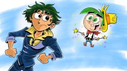 Rule 34 | 2boys, cosmo (fairly oddparents), cowboy bebop, cowboy clothes, cowboy hat, crossover, green eyes, green hair, hat, highres, multiple boys, parody, spike spiegel, style parody, tagme, the fairly oddparents, toon (style), voice actor connection