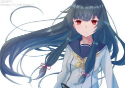 Rule 34 | 1girl, black hair, commentary request, dated, grey sailor collar, hair ribbon, haruka faraway716, highres, isokaze (kancolle), kantai collection, long hair, long sleeves, looking at viewer, neckerchief, one-hour drawing challenge, red eyes, ribbon, sailor collar, school uniform, serafuku, simple background, solo, tress ribbon, twitter username, upper body, white background, yellow neckerchief