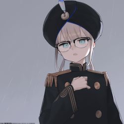 Rule 34 | 1boy, astg, black-framed eyewear, black headwear, black jacket, blue eyes, brown hair, captain nemo (fate), commentary request, eyebrows hidden by hair, fate/grand order, fate (series), glasses, grey background, hand up, head tilt, jacket, long hair, long sleeves, looking at viewer, low twintails, male focus, nemo (fate), open mouth, rain, simple background, solo, turban, twintails, watermark, web address, wide sleeves