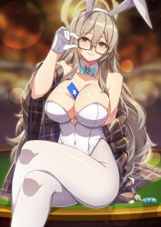 Rule 34 | 1girl, akane (blue archive), akane (bunny) (blue archive), animal ears, bare shoulders, between breasts, black-framed eyewear, blue archive, blurry, blurry background, breasts, brown eyes, brown hair, card, card between breasts, cleavage, commentary request, covered navel, crossed legs, fake animal ears, glasses, hair between eyes, halo, large breasts, leotard, long hair, looking at viewer, official alternate costume, pantyhose, playboy bunny, rabbit ears, sitting, solo, vococo, white leotard, white pantyhose, wite gloves