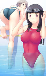 Rule 34 | 2girls, all fours, asics, ass, back, barefoot, black hair, blunt bangs, breasts, competition swimsuit, covered erect nipples, covered navel, feet, goggles, goggles on head, grey eyes, highleg, highleg swimsuit, highres, hime cut, kuri (kurigohan), large breasts, long hair, looking back, multiple girls, navel, one-piece swimsuit, partially submerged, pink eyes, pool, poolside, red eyes, short hair, silver hair, skin tight, smile, soaking feet, soles, submerged, swimsuit, toes, wading, water, wet