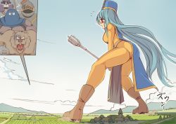 Rule 34 | 1girl, blue hair, blue tabard, bodysuit, boots, brown footwear, cloud, commentary request, dragon quest, dragon quest iii, giant, giantess, hat, highres, holding, holding staff, hood (dragon quest), house, knight, long hair, mitre, monster, open mouth, orange bodysuit, priest (dq3), print headwear, red eyes, seo tatsuya, skeleton, skeleton (dragon quest), sky, slime (dragon quest), square enix, staff, tabard, tree