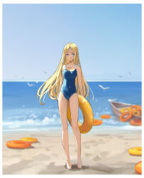 Rule 34 | 1girl, bare arms, bare legs, barefoot, beach, bird, blonde hair, blue eyes, blue one-piece swimsuit, blue sky, blurry, blurry background, border, breasts, collarbone, day, full body, highres, innertube, jewelry, kofune ushio, long hair, looking at viewer, meinoss, necklace, ocean, one-piece swimsuit, outdoors, parted bangs, school swimsuit, shell, shell necklace, sky, small breasts, solo, spaghetti strap, standing, straight hair, summertime render, swim ring, swimsuit, very long hair, white border