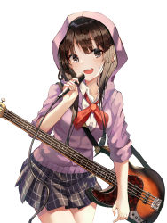 Rule 34 | 1girl, :d, absurdres, akiyama mio, bad id, bad pixiv id, bass guitar, black eyes, black hair, black skirt, blush, cable, collared shirt, commentary request, cowboy shot, highres, holding, holding microphone, hood, hood up, hooded jacket, instrument, jacket, k-on!, kerno, long hair, long sleeves, microphone, miniskirt, music, neck ribbon, open mouth, plaid, plaid skirt, pleated skirt, purple jacket, red ribbon, ribbon, shirt, short sleeves, simple background, singing, skirt, smile, solo, sweat, white background, white shirt