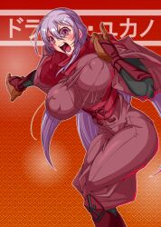 Rule 34 | 1girl, absurdres, armored boots, armored gloves, boots, breasts, character name, covered erect nipples, dragon yukano, highres, huge breasts, long hair, looking at viewer, ninja, ninja slayer, open mouth, purple eyes, purple hair, red scarf, scarf, solo, teeth, tongue, vambraces, yoshitsuki