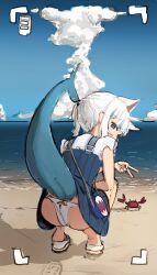 1girl absurdres animal_ears artist_request ass battery_indicator beach blue_dress blue_eyes blunt_bangs cat_ears cloud crab cumulonimbus_cloud dress fins fish_tail footprints gawr_gura gawr_gura_(casual) highres hololive hololive_english lifted_by_tail medium_hair multicolored_hair ocean official_alternate_costume panties peace_symbol ponytail print_panties sand sandals shark_girl shark_tail sidelocks solo source_request streaked_hair suspenders tail tail_raised tail_under_clothes underwear upskirt viewfinder virtual_youtuber white_hair