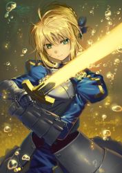 Rule 34 | 1girl, armor, armored dress, artoria pendragon (all), artoria pendragon (fate), blonde hair, blue dress, blue ribbon, braid, breastplate, bubble, closed mouth, cowboy shot, dress, excalibur (fate/stay night), fate/stay night, fate (series), faulds, gauntlets, gorget, green eyes, hair between eyes, hair bun, hair ribbon, holding, holding sword, holding weapon, juliet sleeves, long sleeves, looking at viewer, poligon (046), puffy sleeves, ribbon, saber (fate), single hair bun, solo, sword, twitter username, two-handed, weapon