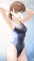 Rule 34 | 1girl, adjusting hair, armpits, arms behind head, arms up, blunt bangs, blush, breasts, brown hair, collarbone, competition swimsuit, cowboy shot, green eyes, highres, idolmaster, idolmaster cinderella girls, indoors, koyo akio, medium breasts, mouth hold, one-piece swimsuit, rubber band, sakuma mayu, sideboob, solo, swimsuit, tile wall, tiles, tying hair, water drop