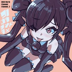 Rule 34 | 1girl, ;p, artist name, backbeako (torotei), backbeard, black dress, black gloves, black hair, black ribbon, black thighhighs, breasts, commentary, dated, dress, elbow gloves, eyes visible through hair, from above, gegege no kitarou, gloves, hair ribbon, kneeling, kono lolicon domome, long hair, looking at viewer, looking up, one eye closed, orange background, original, pointy ears, red eyes, ribbon, simple background, sleeveless, sleeveless dress, small breasts, solo, symbol-only commentary, thighhighs, tongue, tongue out, torotei, twintails, twitter username