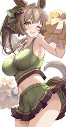 Rule 34 | 1girl, alternate costume, animal ears, blush, bow, breasts, brown hair, cheerleader, collarbone, commentary request, ear ribbon, green ribbon, green skirt, highres, holding, holding pom poms, horse ears, horse tail, kibihimi, large breasts, long hair, looking at viewer, midriff, navel, one eye closed, open mouth, pom pom (cheerleading), pom poms, ribbon, round teeth, satono diamond (umamusume), simple background, skirt, smile, solo, tail, teeth, thighs, umamusume, upper teeth only, white background, yellow eyes