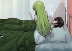 Rule 34 | 1boy, 1girl, bed, bed sheet, black hair, bulge, c.c., closed eyes, closed mouth, code geass, collared shirt, commentary, couple, creayus, ere, erection, erection under clothes, from behind, green hair, hair between eyes, head on pillow, indoors, lelouch vi britannia, long hair, lying, morning wood, nightgown, on back, on bed, shirt, sleeping, spoken zzz, straight hair, under covers, white shirt, zzz