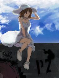 Rule 34 | 10s, 1girl, anglerfish, brown eyes, brown hair, casual, cloud, cloudy sky, cross-laced footwear, day, dress, dress tug, emblem, fish, frilled dress, frills, full body, girls und panzer, goripan, graffiti, hat, highres, looking to the side, medium dress, nike (company), nike air force 1, nishizumi miho, no legwear, outdoors, parted lips, shoes, short hair, sitting, sky, sneakers, solo, sun hat, sundress, wall, white dress, white footwear, white hat, wind