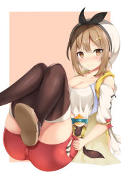 Rule 34 | 1girl, ass, atelier (series), atelier ryza, bare shoulders, blush, boots, breasts, brown eyes, brown hair, hair ornament, hairclip, hat, highres, looking at viewer, red shorts, reisalin stout, ribbon, shiny skin, short hair, short shorts, shorts, smile, solo, tatsumi kari, thigh boots, thighhighs