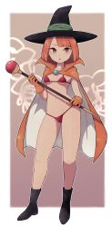 Rule 34 | 1girl, bad id, bad twitter id, bikini, blunt bangs, boots, breasts, cape, character request, collarbone, copyright request, gloves, hat, high heel boots, high heels, highres, lamb-oic029, navel, orange cape, orange eyes, orange gloves, orange hair, outside border, red bikini, shoes, small breasts, solo, staff, swimsuit, two-sided cape, two-sided fabric, white cape, witch, witch hat