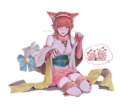 Rule 34 | 1girl, animal ears, bad id, bad twitter id, bell, neck bell, blush, bob cut, cat ears, cat girl, cat tail, collar, elbow gloves, embarrassed, closed eyes, fingerless gloves, fire emblem, fire emblem fates, gloves, hana (fire emblem), japanese clothes, kimono, looking at viewer, nintendo, pink hair, sakura (fire emblem), scarf, seiza, simple background, sitting, smile, sophie (693432), subaki (fire emblem), tail, thighhighs, white background