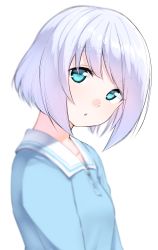 Rule 34 | 1girl, amano tsurara, blue eyes, blue hair, blue shirt, bob cut, collared shirt, commentary request, head tilt, highres, looking at viewer, looking to the side, original, parted lips, shirt, short hair, simple background, solo, thick eyebrows, upper body, white background, yuki arare