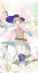 Rule 34 | 1boy, akemori kiko, androgynous, arm up, belt, blonde hair, blue eyes, blue hat, bow, cape, chevalier d&#039;eon (fate), facing viewer, fate/grand order, fate (series), feathers, flower, frilled sleeves, frills, gloves, hair bow, half gloves, hat, hat feather, hat flower, lens flare, lens flare abuse, lily (flower), long hair, looking at viewer, male focus, outstretched arm, pants, pantyhose, pink feather, pink feathers, ponytail, rapier, red bow, sidelocks, solo, sword, trap, weapon, white gloves, white pants, whorled feather