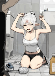 Rule 34 | 1girl, absurdres, arms up, bathroom, black shorts, breasts, bruise, cleaning, cleaning brush, cleavage, crying, gogalking, hands up, highres, injury, kneeling, original, pointy ears, shorts, sink, tank top, toilet, toilet seat, vampire (gogalking), white hair, white tank top