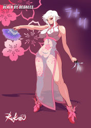 Rule 34 | 1girl, absurdres, alternate costume, alternate hair color, alternate hairstyle, bare arms, breasts, china dress, chinese clothes, commission, death by degrees, dress, eyeshadow, female focus, floral background, floral print, folding fan, full body, green eyes, hand fan, heterochromia, high heels, highres, lana lei, large breasts, legs, lipstick, long hair, makeup, namco, panties, pink dress, pink panties, purple background, red eyes, rukasu, seductive smile, see-through, shadow, shoes, side slit, silhouette, sleeveless, sleeveless dress, smile, solo, standing, tekken, underwear, watermark, white hair