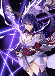 Rule 34 | 1girl, braid, breasts, eyebrows hidden by hair, genshin impact, highres, holding, holding sword, holding weapon, incoming attack, japanese clothes, katana, kimono, large breasts, long hair, looking at viewer, low-braided long hair, low-tied long hair, nail polish, ponytail, purple eyes, purple hair, purple thighhighs, raiden shogun, skirt, solo, sword, takai isshiki, thighhighs, weapon