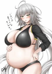 Rule 34 | 1boy, ahoge, bikini, black bikini, black jacket, blush, breasts, choker, cleavage, collarbone, cowboy shot, curvy, dateoyoubun, eyebrows, fate/grand order, fate (series), grey hair, halterneck, highres, huge breasts, jacket, japanese text, jeanne d&#039;arc alter (fate), jeanne d&#039;arc alter (swimsuit berserker) (fate), long hair, looking at viewer, outie navel, parted lips, pregnant, ribbon choker, shiny clothes, shiny skin, sidelocks, signature, skindentation, solo, standing, swimsuit, thighs, translation request, very long hair, white background, yellow eyes