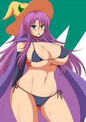 Rule 34 | 1990s (style), 1girl, afuro, aqua eyes, areola slip, bikini, black bikini, blush, breasts, cameltoe, cape, cleavage, covered erect nipples, curvy, detached sleeves, faris scherwiz, female focus, final fantasy, final fantasy v, hat, huge breasts, long hair, looking at viewer, navel, open mouth, purple hair, retro artstyle, shiny skin, solo, standing, string bikini, swimsuit, underboob, very long hair, wide hips, witch hat