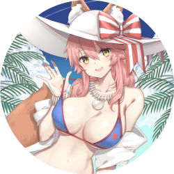 Rule 34 | 1girl, animal ear fluff, animal ears, bad id, bad pixiv id, bare shoulders, bikini, blue bikini, blue sky, bow, breasts, brown eyes, cloud, collarbone, commentary request, day, ears through headwear, fate/grand order, fate (series), fox ears, fox girl, fox tail, hair between eyes, hat, hat bow, head tilt, highres, jacket, large breasts, lifting own clothes, long hair, navel, off shoulder, open clothes, open jacket, outdoors, palm tree, pink hair, sky, solo, strap lift, striped, striped bow, sun hat, swimsuit, tail, tail raised, tamamo (fate), tamamo no mae (fate/extra), tamamo no mae (swimsuit lancer) (fate), tamamo no mae (swimsuit lancer) (third ascension) (fate), tree, white hat, white jacket, yuzu-aki