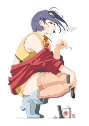 Rule 34 | 1girl, ammunition, boots, cigarette pack, cowboy bebop, faye valentine, gun, high heel boots, high heels, solo, tagme, thighhighs, weapon, white background