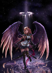 Rule 34 | 1girl, angel, artist name, black background, black footwear, black gloves, black thighhighs, blue skirt, boots, breasts, commentary, dark angel olivia, dated, dual wielding, elbow gloves, feathers, full body, gloves, granblue fantasy, high heel boots, high heels, highres, holding, holding sword, holding weapon, horns, light, light brown hair, long hair, looking at viewer, medium breasts, red eyes, revision, shadowverse, sidelocks, skirt, solo, splashing, standing, standing on one leg, sword, thigh boots, thighhighs, thighs, water, weapon, wings, zduke