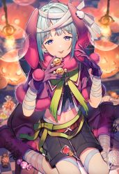 Rule 34 | 1boy, animal ears, belt, black shorts, blue hair, blush, commentary, ensemble stars!, gloves, green ribbon, halloween, highres, jack-o&#039;-lantern, looking at viewer, male focus, pumpkin, purple eyes, rabbit ears, red belt, red gloves, ribbon, shino hajime, shirakino, shorts, smile, solo, tongue, tongue out, white bandages