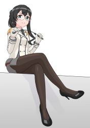 Rule 34 | 1girl, black footwear, black hair, black necktie, black pantyhose, breasts, brown shirt, buttons, collared shirt, cosplay, double-breasted, epaulettes, folded ponytail, full body, geometrie, glasses, green eyes, grey skirt, highres, kantai collection, katori (kancolle), katori (kancolle) (cosplay), looking at viewer, military, military uniform, necktie, ooyodo (kancolle), pantyhose, pencil skirt, platform footwear, platform heels, riding crop, semi-rimless eyewear, shirt, simple background, sitting, skirt, small breasts, smile, solo, under-rim eyewear, uniform, white background