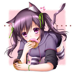 Rule 34 | 1girl, all fours, animal ears, black hair, blush, bracelet, cat ears, cat tail, doughnut, eating, fang, food, hair ribbon, holding, jewelry, looking at viewer, original, pink eyes, purple eyes, ribbon, shitou, short hair, sleeves pushed up, solo, striped clothes, striped thighhighs, tail, thighhighs, twintails
