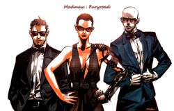 Rule 34 | 1girl, 2boys, archived source, bad id, bad tumblr id, bald, beard stubble, belt, black jacket, dress, facial hair, formal, hands on own hips, imperator furiosa, jacket, kotteri, looking at viewer, mad max, mad max: fury road, max rockatansky, multiple boys, neck ribbon, nux (mad max), ribbon, shirt, short hair, simple background, stubble, suit, sunglasses, watch, white background, white shirt, wristwatch