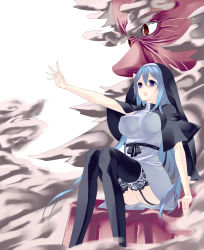 Rule 34 | absurdres, black thighhighs, blue eyes, breasts, garter straps, hat, highres, hood, impossible clothes, impossible shirt, kumoi ichirin, lace, lace-trimmed legwear, lace trim, open mouth, outstretched hand, reaching, red eyes, shinoi, shirt, sitting, thighhighs, touhou, unzan