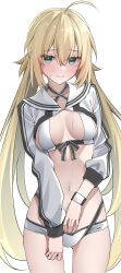 Rule 34 | 1girl, absurdres, ahoge, artoria caster (fate), artoria caster (swimsuit) (fate), artoria caster (swimsuit) (first ascension) (fate), artoria pendragon (fate), bikini, blonde hair, blush, breasts, cleavage, closed mouth, commentary request, cropped jacket, fate/grand order, fate (series), green eyes, hair between eyes, highres, jacket, kawai ritsu (rits meg), long hair, long sleeves, looking at viewer, medium breasts, navel, shrug (clothing), simple background, small breasts, solo, stomach, sweatdrop, swimsuit, thighs, twintails, very long hair, white background, white bikini, white jacket