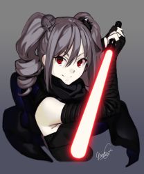 Rule 34 | 10s, 1girl, 2015, crossover, darth vader, drill hair, energy sword, fingerless gloves, gloves, hair ornament, hairclip, idolmaster, idolmaster cinderella girls, kanzaki ranko, lightsaber, long hair, looking at viewer, maco (wondermind), red eyes, science fiction, signature, silver hair, sith, smile, solo, star (symbol), star wars, sword, twin drills, twintails, weapon