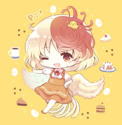 Rule 34 | 23 (candy chapus), adapted costume, animal, animal on head, anna miller, apron, bird, bird on head, bird tail, bird wings, blonde hair, blush, burger, buttons, cake, chibi, chick, coffee, coffee beans, coffee mug, commentary request, cup, egg, feathered wings, food, full body, hand on own hip, heart button, highres, looking at viewer, mug, multicolored hair, neck ribbon, niwatari kutaka, on head, one eye closed, open mouth, orange apron, orange footwear, orange skirt, outstretched arm, pie, pie slice, red eyes, red hair, red neckwear, ribbon, shirt, shoes, short hair, short sleeves, simple background, skirt, smile, star (symbol), tail, touhou, two-tone hair, waitress, white shirt, wings, yellow background
