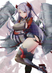 Rule 34 | 1girl, absurdres, azur lane, black gloves, blush, boots, breasts, full body, gloves, grey hair, highres, hip focus, large breasts, lips, long hair, looking at viewer, multicolored hair, parted lips, prinz eugen (azur lane), sideboob, sidelocks, solo, spekkio36, thighhighs, two-tone hair, two side up