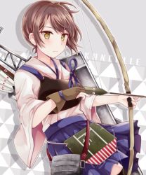 Rule 34 | 10s, 1girl, arrow (projectile), bad id, bad pixiv id, blush, bow (weapon), brown eyes, brown hair, choukou koukyou no inagi, copyright name, gloves, japanese clothes, kaga (kancolle), kantai collection, looking at viewer, muneate, partially fingerless gloves, partly fingerless gloves, personification, short hair, side ponytail, single glove, solo, weapon, yugake