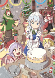 Rule 34 | 6+girls, :d, :o, ^ ^, animal costume, bat wings, bell, blonde hair, blue eyes, box, braid, cake, christmas, christmas tree, christmas tree costume, closed eyes, cooking, crescent moon, embodiment of scarlet devil, fang, flandre scarlet, food, gift, gift box, grey hair, hands on own cheeks, hands on own face, hat, head wings, highres, holly, hong meiling, indoors, inuno rakugaki, izayoi sakuya, koakuma, long hair, long sleeves, looking at viewer, maid, maid headdress, merry christmas, moon, multiple girls, open mouth, patchouli knowledge, purple eyes, purple hair, red eyes, red hair, red headwear, reindeer costume, remilia scarlet, santa hat, side braids, smile, snowman, standing, star (symbol), touhou, twin braids, wings